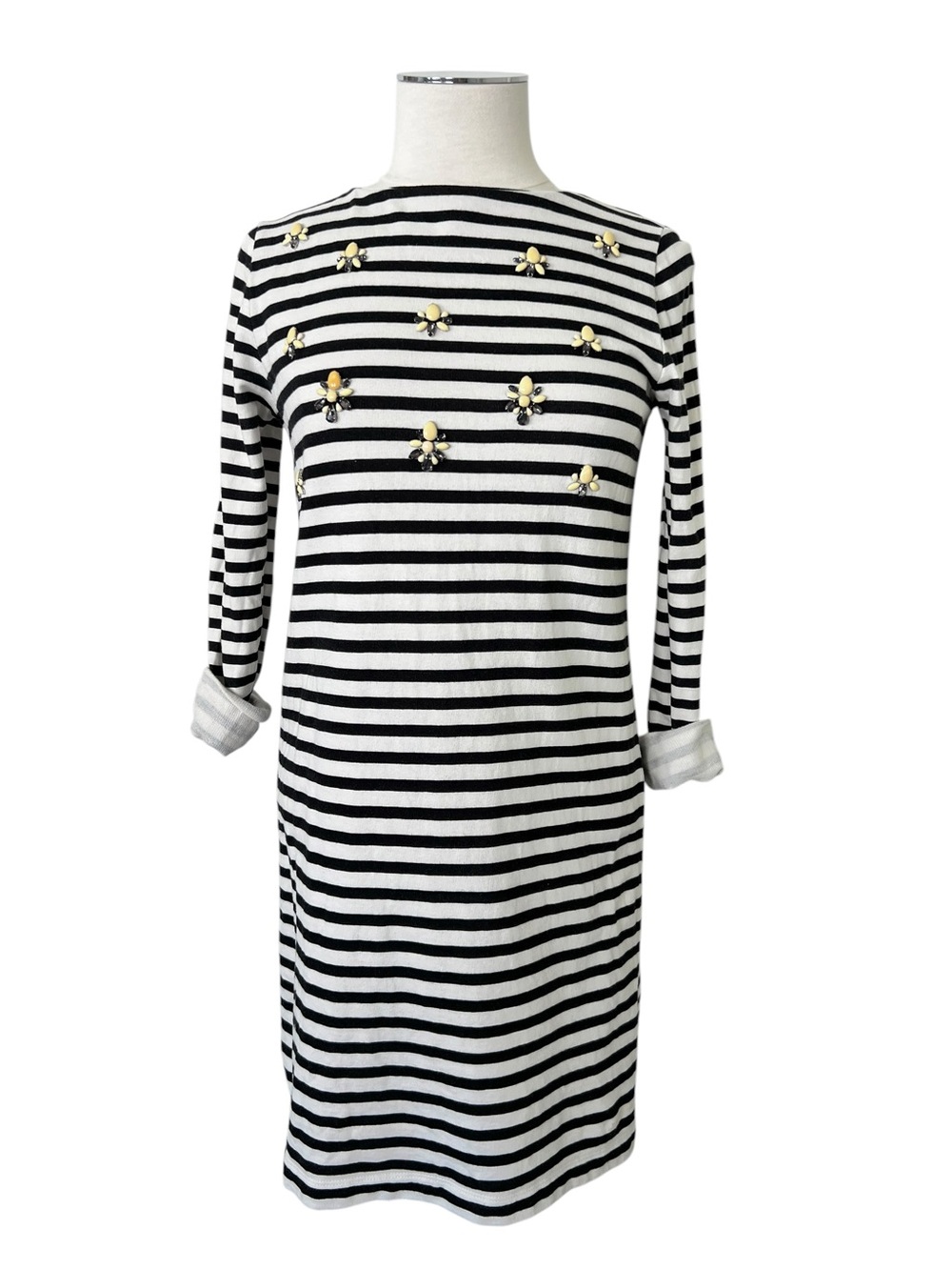 LOFT Beaded Black & White Stripe Knit Dress Size XS Long Sleeve
